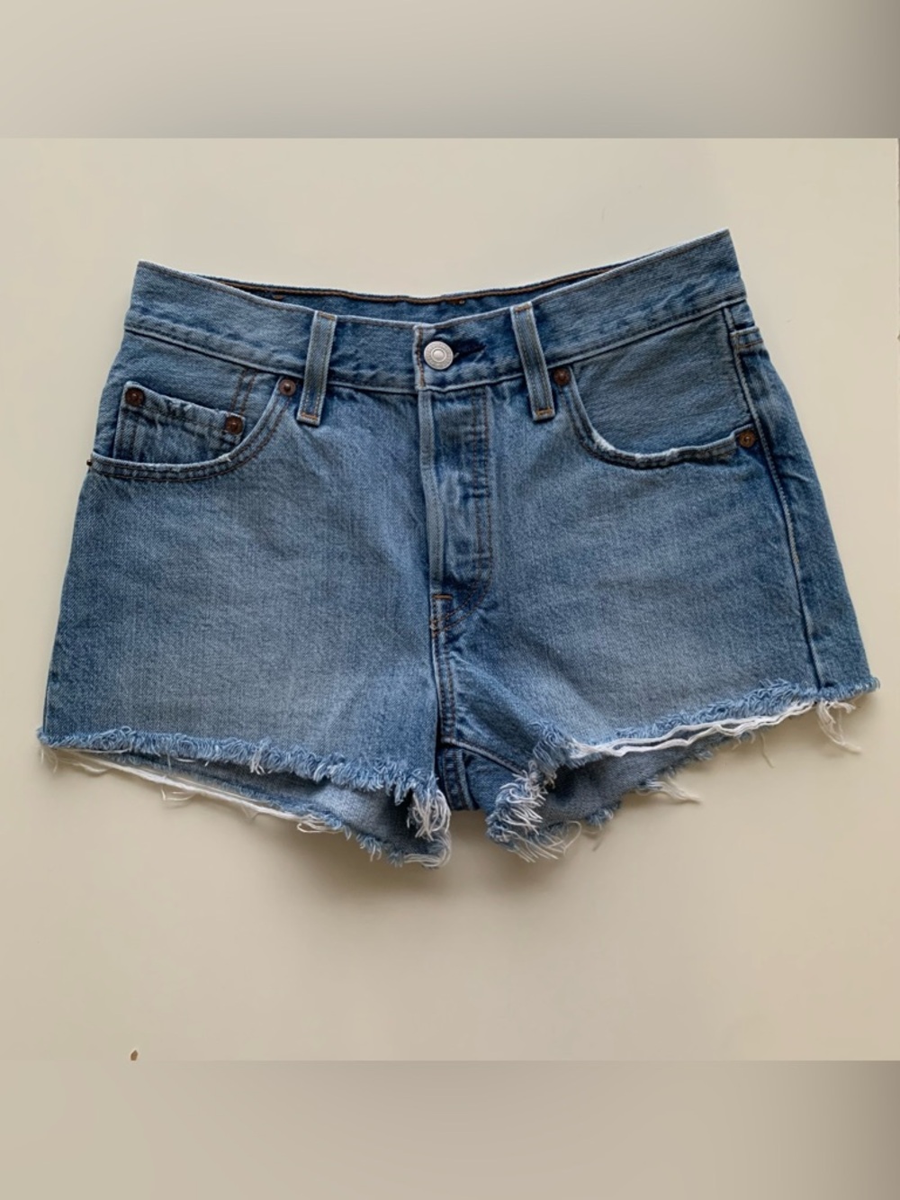 Levi's 501 Light Blue Frayed Hem Jean Shorts